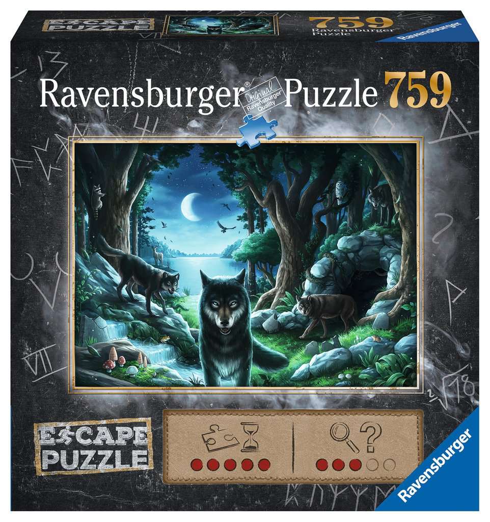 ESCAPE - The Curse of the Wolves 759 Piece Escape Puzzle - Ravensburger 759-piece puzzle box featuring a dark forest scene with wolves under a moonlit sky, Escape Puzzle theme.