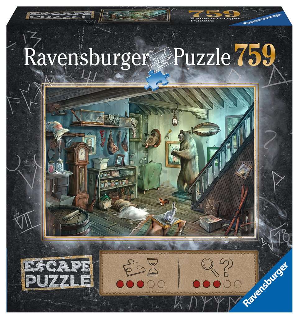 ESCAPE - Forbidden Basement 759 Piece Escape Puzzle - Ravensburger 759-piece puzzle box featuring a detailed, dark basement scene with a clock, staircase, and mysterious objects.