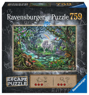 ESCAPE - The Unicorn 759 Piece Escape Puzzle - Dark-themed Ravensburger puzzle box featuring a colorful forest scene with a unicorn under a rainbow, labeled 759 pieces.