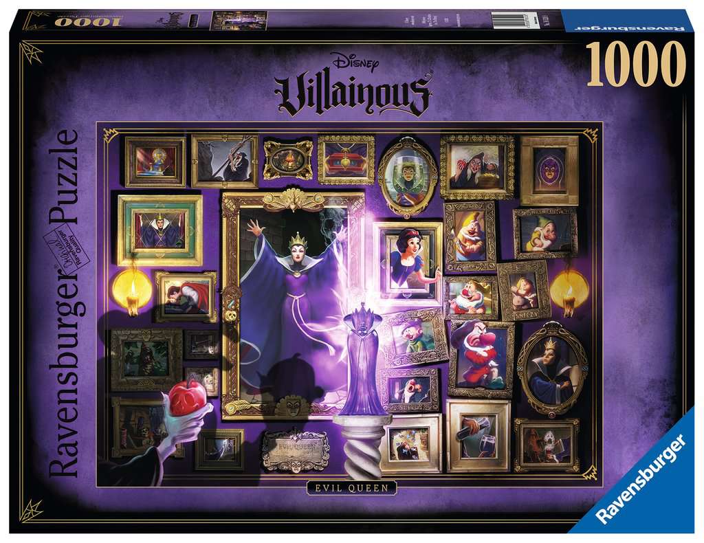 Villainous Evil Queen 1000 Piece Puzzle - Villainous Evil Queen puzzle box with dark purple border, 1000 pieces, featuring Evil Queen surrounded by framed portraits.