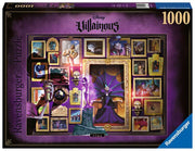 Villainous Yzma 1000 Piece Puzzle - Villainous Yzma 1000-piece puzzle with purple and black frame, featuring Yzma and character portraits in gold frames.