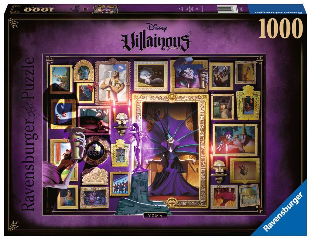 Villainous Yzma 1000 Piece Puzzle - Villainous Yzma 1000-piece puzzle with purple and black frame, featuring Yzma and character portraits in gold frames.