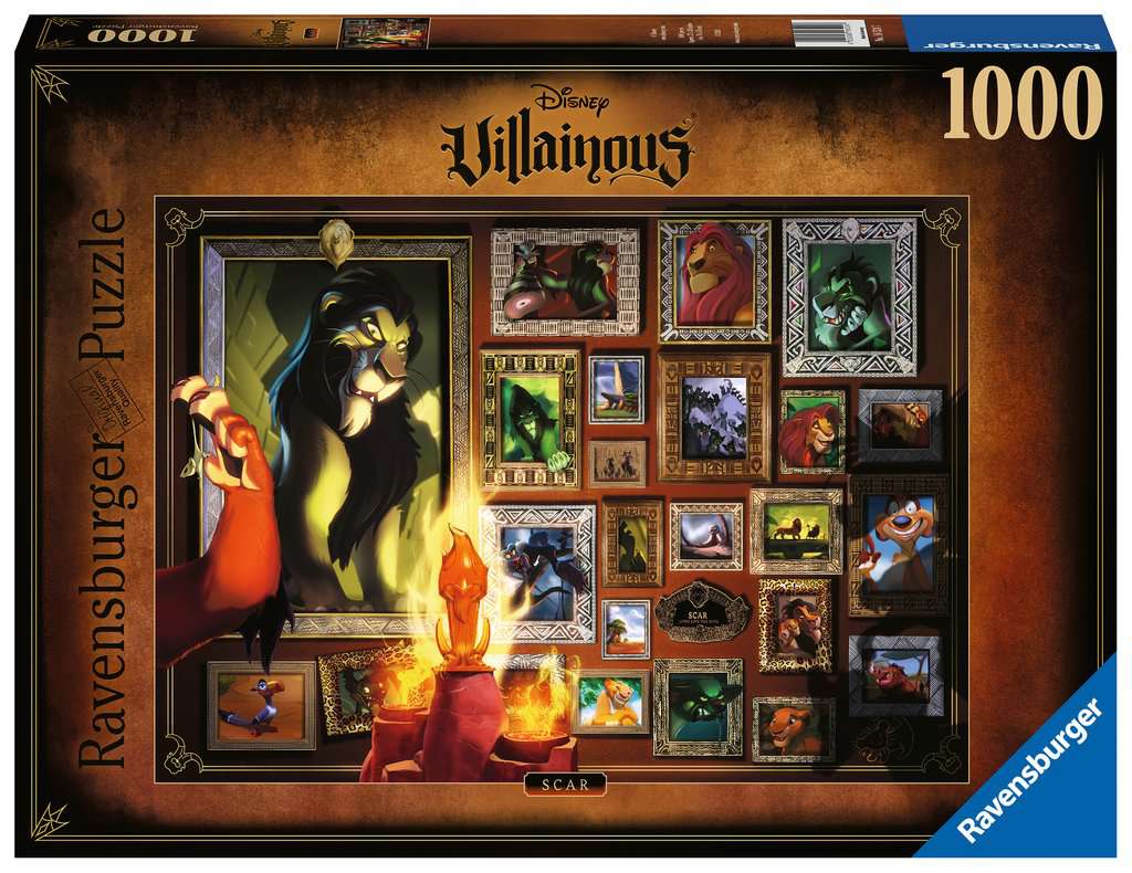 Villainous Scar 1000 Piece Puzzle - Villainous Scar 1000-piece puzzle with dark brown frame and multiple framed images of villain characters in various colors.