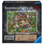 ESCAPE: The Cursed Green House 368 Piece Escape Puzzle - 368-piece Ravensburger puzzle featuring a detailed, colorful haunted greenhouse scene with plants and mysterious objects.