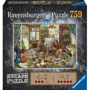 ESCAPE: The Artist's Studio 759 Piece Escape Puzzle - Ravensburger 759-piece puzzle showing a colorful artist’s studio filled with art supplies, guitar, and cluttered furniture.