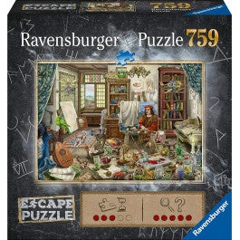 ESCAPE: The Artist's Studio 759 Piece Escape Puzzle - Ravensburger 759-piece puzzle showing a colorful artist’s studio filled with art supplies, guitar, and cluttered furniture.