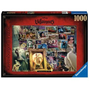 Villainous: Cruella De Vil 1000 Piece Puzzle - 1000-piece puzzle featuring Villainous Cruella De Vil collage with dark red and black themed packaging.