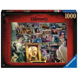 Villainous: Cruella De Vil 1000 Piece Puzzle - 1000-piece puzzle featuring Villainous Cruella De Vil collage with dark red and black themed packaging.
