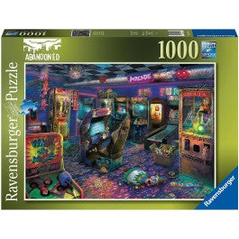 Abandoned Places: Forgotten Arcade 1000 Piece Puzzle - Colorful 1000-piece puzzle box featuring a detailed abandoned arcade scene with retro game machines and neon lights.