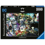 DC: Batman - Collector's Edition 1000 Piece Puzzle - Black rectangular Ravensburger puzzle box featuring a colorful collage of Batman characters, 1000 pieces, DC logo, and.