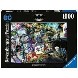 DC: Batman - Collector's Edition 1000 Piece Puzzle - Black rectangular Ravensburger puzzle box featuring a colorful collage of Batman characters, 1000 pieces, DC logo, and.