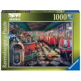 Abandoned Places: Decaying Diner 1000 Piece Puzzle - Ravensburger 1000-piece puzzle featuring a colorful abandoned diner with red bar stools, checkered floor, and vintage.