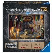 ESCAPE: The Vampire's Castle 759 Piece Escape Puzzle - Dark gothic castle interior puzzle box with eerie lit candles, stained glass, and mysterious treasure chest, 759 pieces.