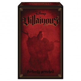 Disney Villainous: Perfectly Wretched - Rectangular dark red and black box featuring shadowy villain silhouette, labeled Disney Villainous Perfectly Wretched game.