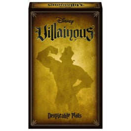 Disney Villainous: Despicable Plots - Tall rectangular board game box with dark gold background featuring shadowed silhouette of a flexing villain, ornate black.