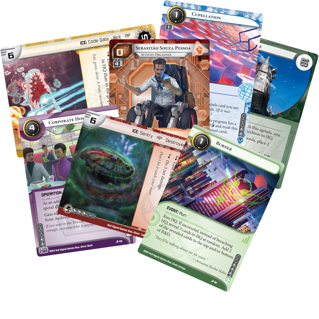 Netrunner: Liberation: Rebellion without Rehearsal - Colorful game cards featuring futuristic, cyberpunk-themed artwork and various stats and icons.