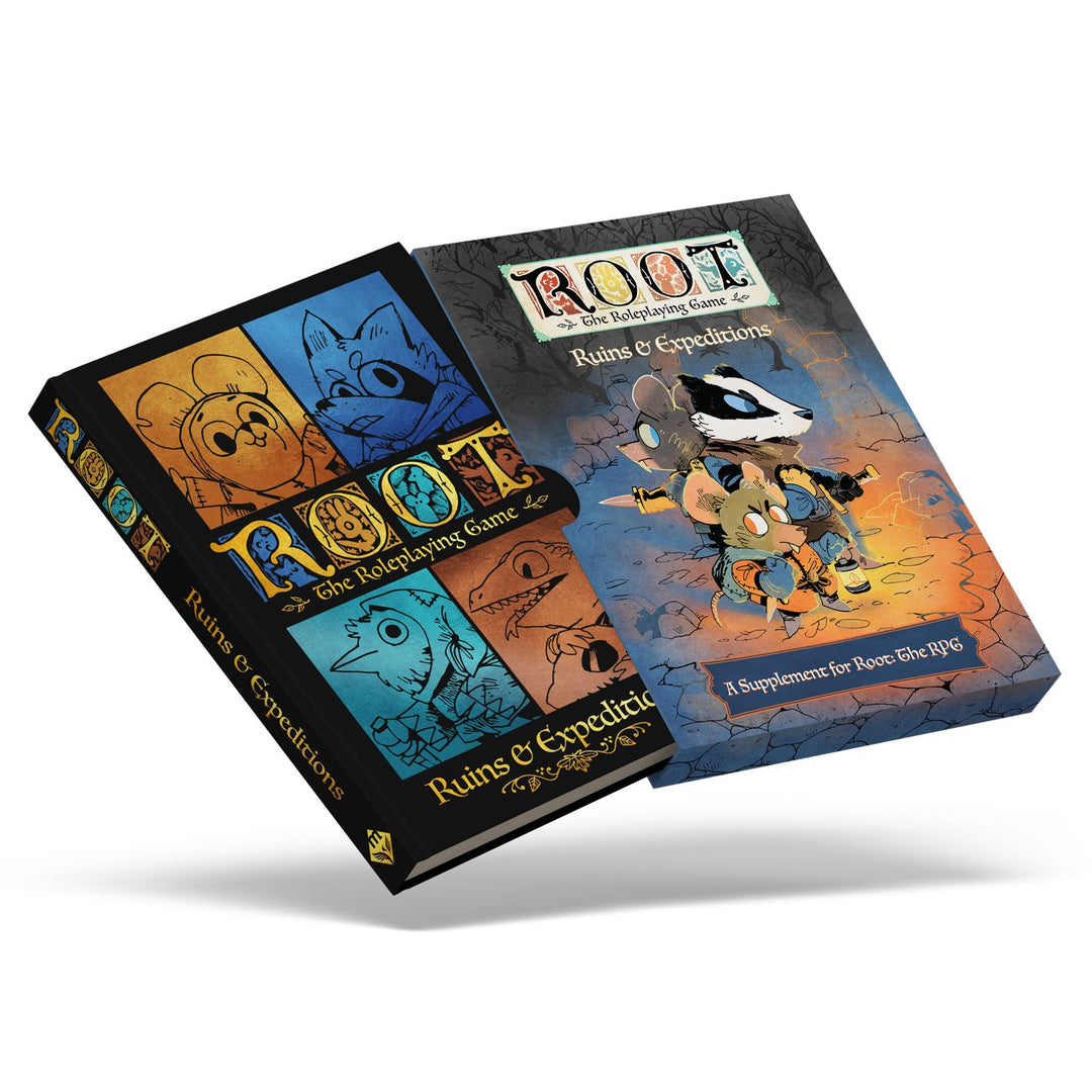Root RPG: Ruins & Expeditions Deluxe (PREORDER) - Ruins & Expeditions Deluxe box with colorful illustrated animal characters on a dark blue background.
