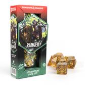 D&D Adventure Dice: Ranger (Green) - Green and gold D&D polyhedral dice set with ranger-themed fantasy artwork in branded packaging.
