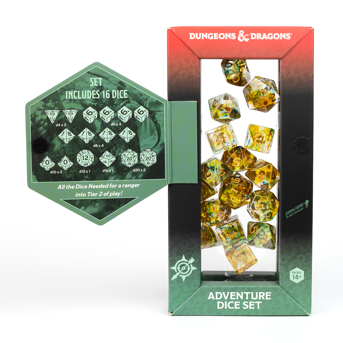 D&D Adventure Dice: Ranger (Green) - Green translucent polyhedral RPG dice set with gold and yellow flecks in windowed black and red box.