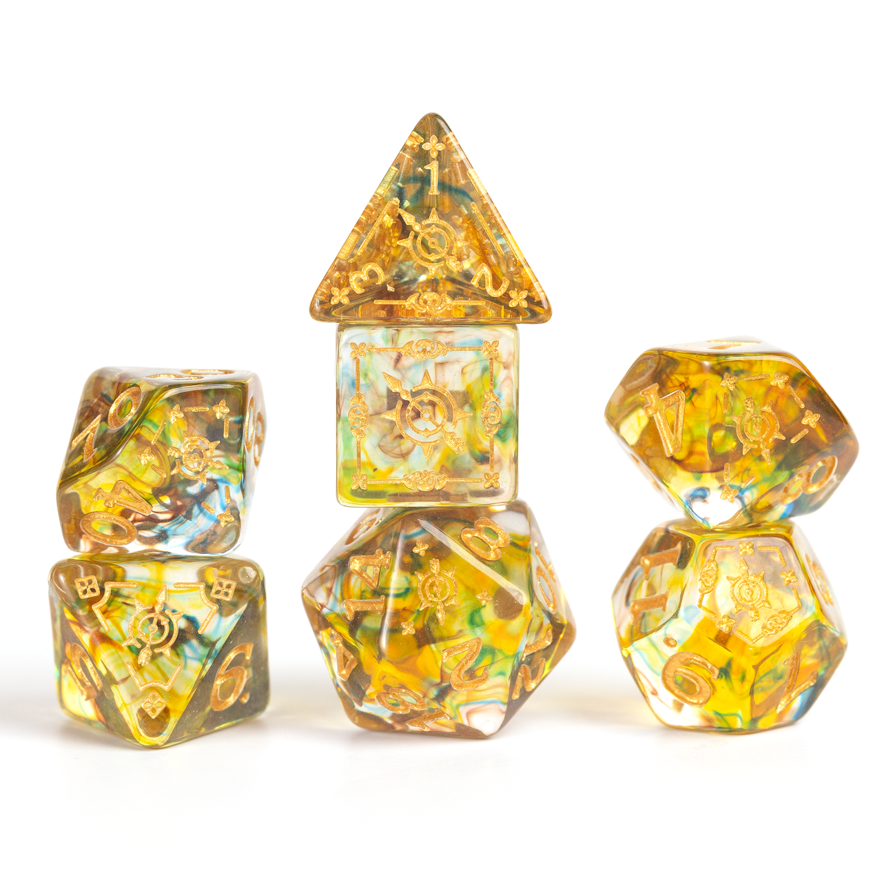 D&D Adventure Dice: Ranger (Green) - Seven translucent green and yellow marbled dice with gold numbering, including d4, d6, d8, d10, d12, d20, and percentile.