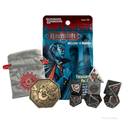 Castle Ravenloft Treasure Pack Blind Bags - Castle Ravenloft Treasure Pack with black and red dice featuring intricate designs, gold coin with embossed skull symbol,.