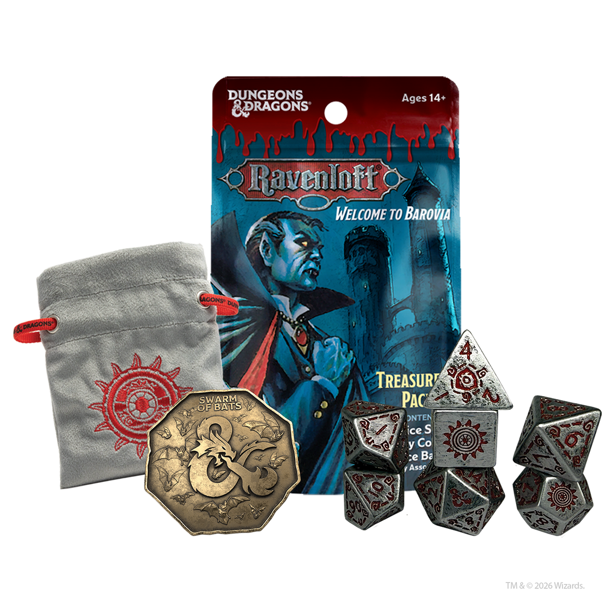 Castle Ravenloft Treasure Pack Blind Bags - Castle Ravenloft Treasure Pack with black and red dice featuring intricate designs, gold coin with embossed skull symbol,.