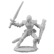 Barnabas, Human Warrior - Gray plastic miniature of a human warrior in armor holding a sword and shield, posed dynamically on a textured base.