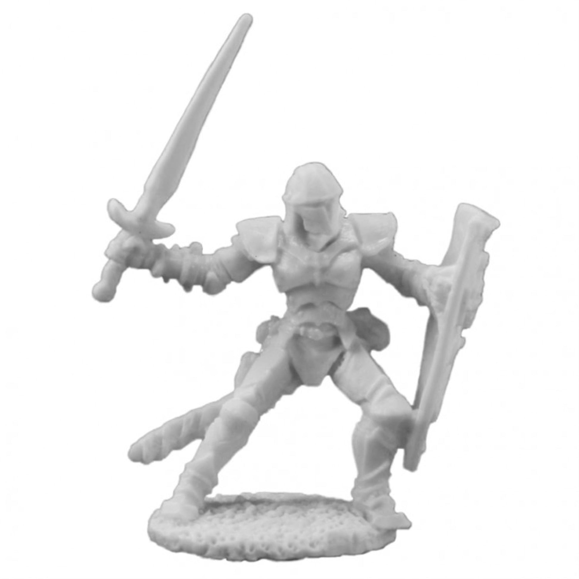 Barnabas, Human Warrior - Gray plastic miniature of a human warrior in armor holding a sword and shield, posed dynamically on a textured base.