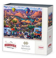 Boardwalk 500 Piece Puzzle: Red Rock Adventure - 500-piece puzzle box featuring vibrant red rock canyon landscape with hot air balloons and outdoor adventure scene.