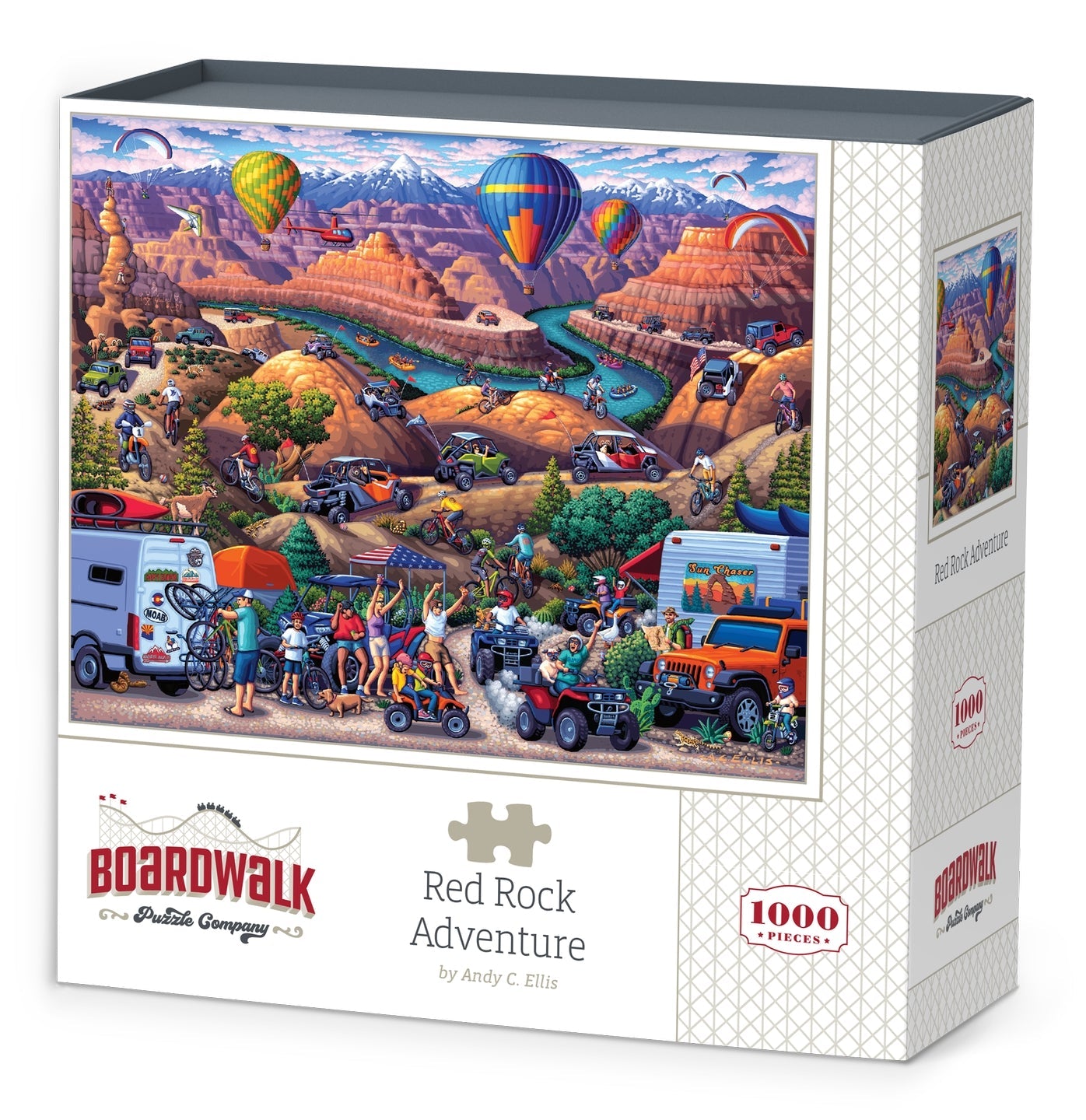 Boardwalk 500 Piece Puzzle: Red Rock Adventure - 500-piece puzzle box featuring vibrant red rock canyon landscape with hot air balloons and outdoor adventure scene.