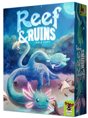 REEF AND RUINS - Colorful board game box featuring whimsical sea monsters and underwater treasure, titled Reef & Ruins.