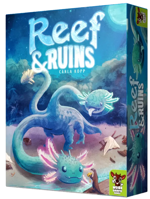REEF AND RUINS - Colorful board game box featuring whimsical sea monsters and underwater treasure, titled Reef & Ruins.