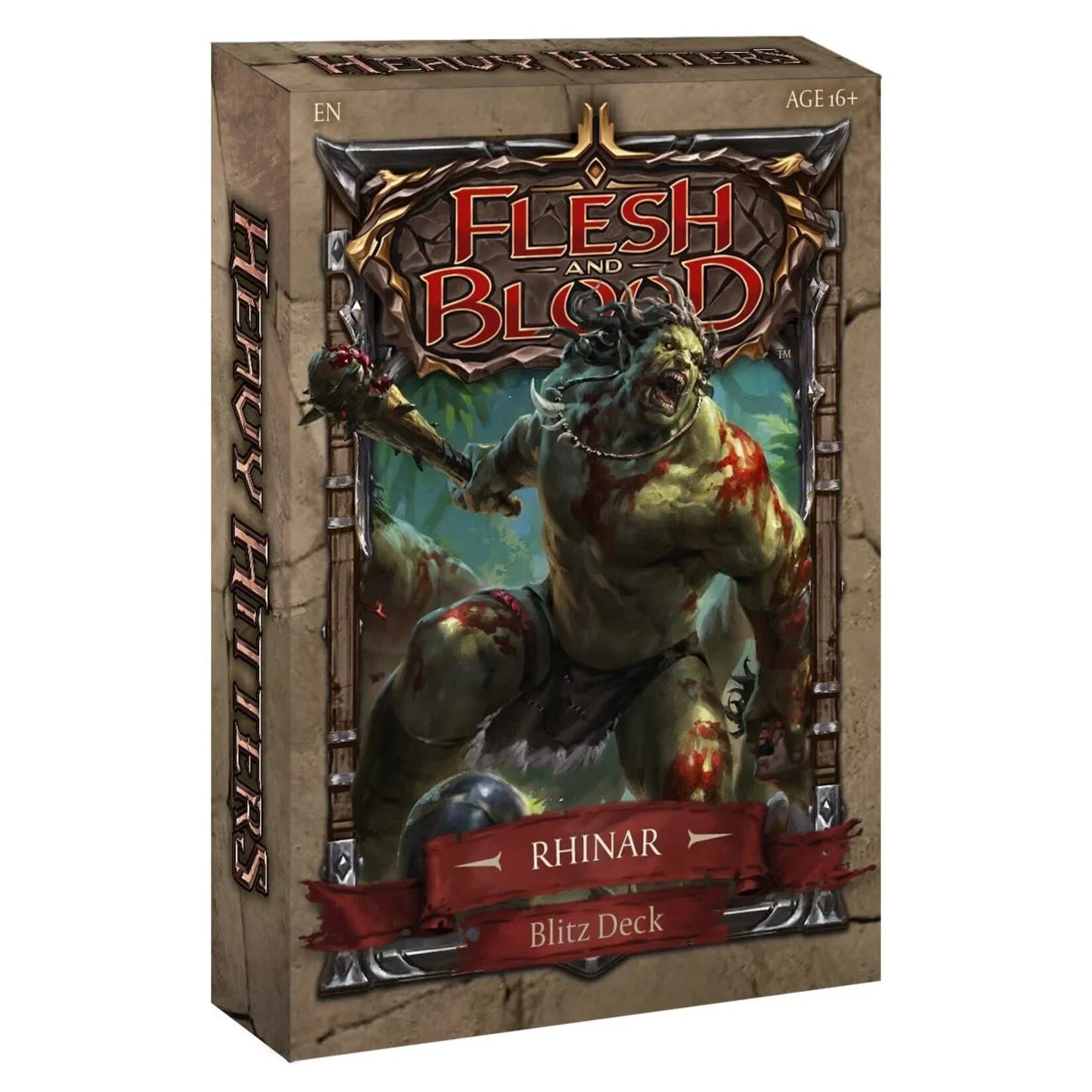 Flesh and Blood Heavy Hitters Blitz Deck featuring Rhinar swinging a club