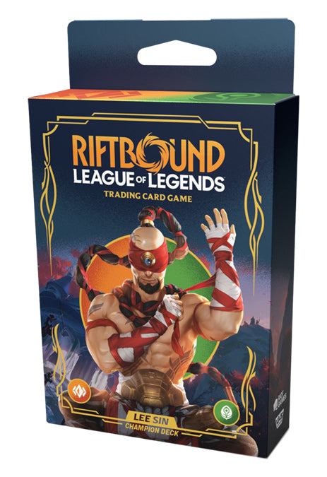Riftbound: League of Legends TCG: Origins: Champion Deck: Lee Sin - Riftbound Lee Sin Champion Deck box featuring muscular martial artist with glowing fists on dark fantasy background.