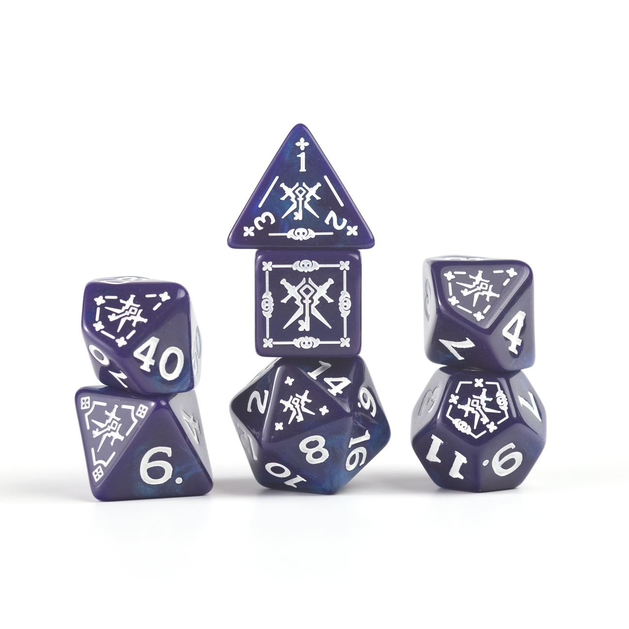 D&D Adventure Dice: Rogue (Purple) - Set of seven purple polyhedral dice with white fantasy-themed symbols and numbers, including a d20, d12, d10, d8, d6, d4,.