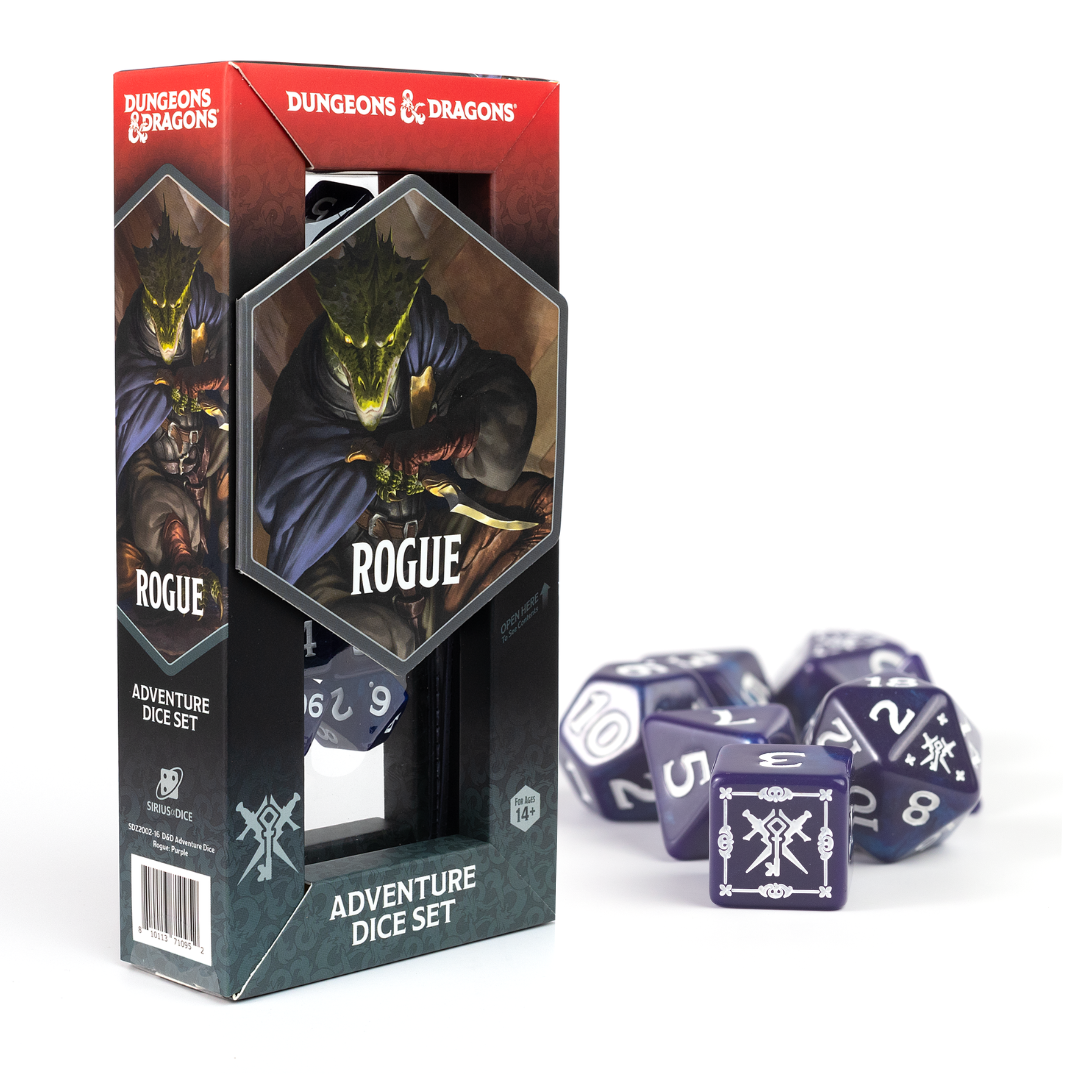 D&D Adventure Dice: Rogue (Purple) - Purple polyhedral dice set with sharp white numbering, shown with Dungeons & Dragons Rogue-themed packaging featuring a.