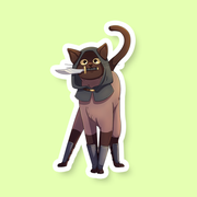Rogue Class D&D Cat Sticker - Dark brown cat wearing a black hood and cloak, with daggers on its back, standing with tail raised, die-cut sticker.