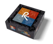 Roo - Square black board game box with colorful orange, blue, and gray panels and a stylized white kangaroo logo on the lid.