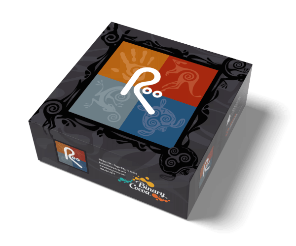 Roo - Square black board game box with colorful orange, blue, and gray panels and a stylized white kangaroo logo on the lid.
