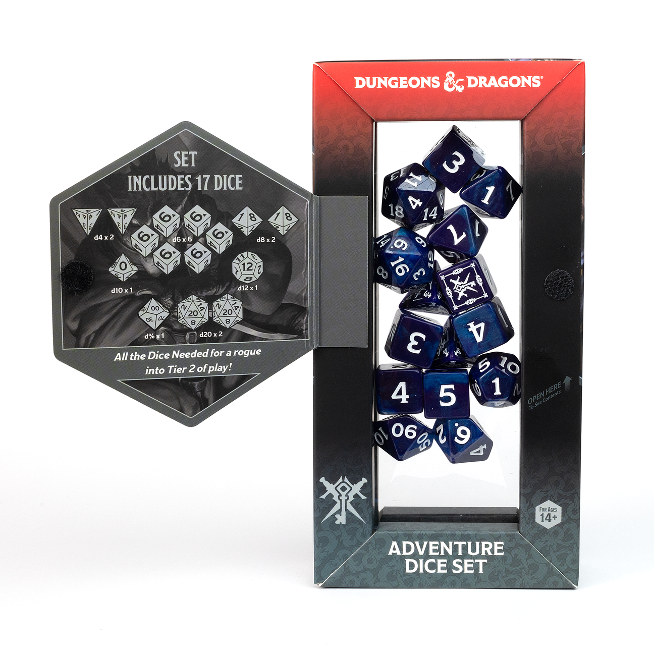 D&D Adventure Dice: Rogue (Purple) - Set of 17 deep purple polyhedral dice with white numbers, featuring Dungeons & Dragons branding on packaging.