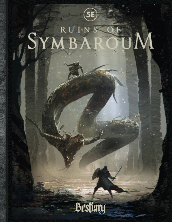 Ruins of Symbaroum RPG: Bestiary (5E) - Dark fantasy RPG book cover with giant serpent-like creature in a misty forest and a warrior facing it, titled Ruins of.