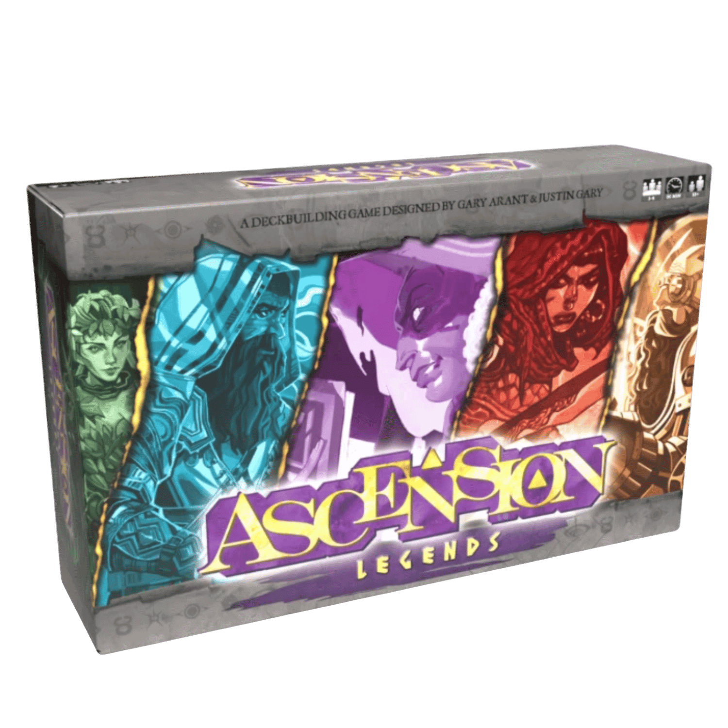Ascension Legends - Board game box with colorful fantasy character artwork in blue, purple, red, and gold hues labeled Ascension Legends.