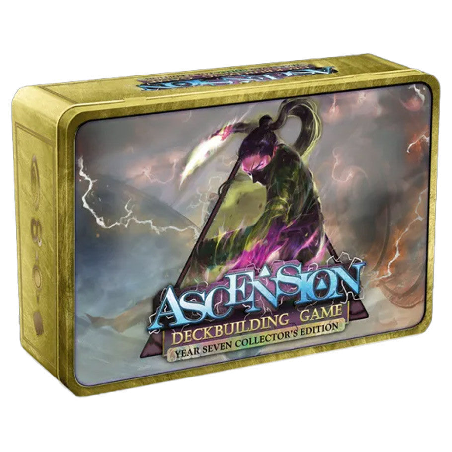 Ascension: Dreams & Nightmares Year Seven Collector's Edition (PREORDER) - Rectangular metal tin with fantasy artwork of a cloaked figure wielding a glowing weapon, dark stormy background, labeled.