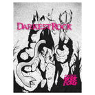 Mork Borg: Darkest Rock (PREORDER) - Black and white stylized illustration of a horned figure with a trident, pink "Darkest Rock" and "Mork Borg" text on a.