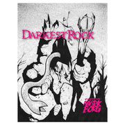 Mork Borg: Darkest Rock (PREORDER) - Black and white stylized illustration of a horned figure with a trident, pink "Darkest Rock" and "Mork Borg" text on a.