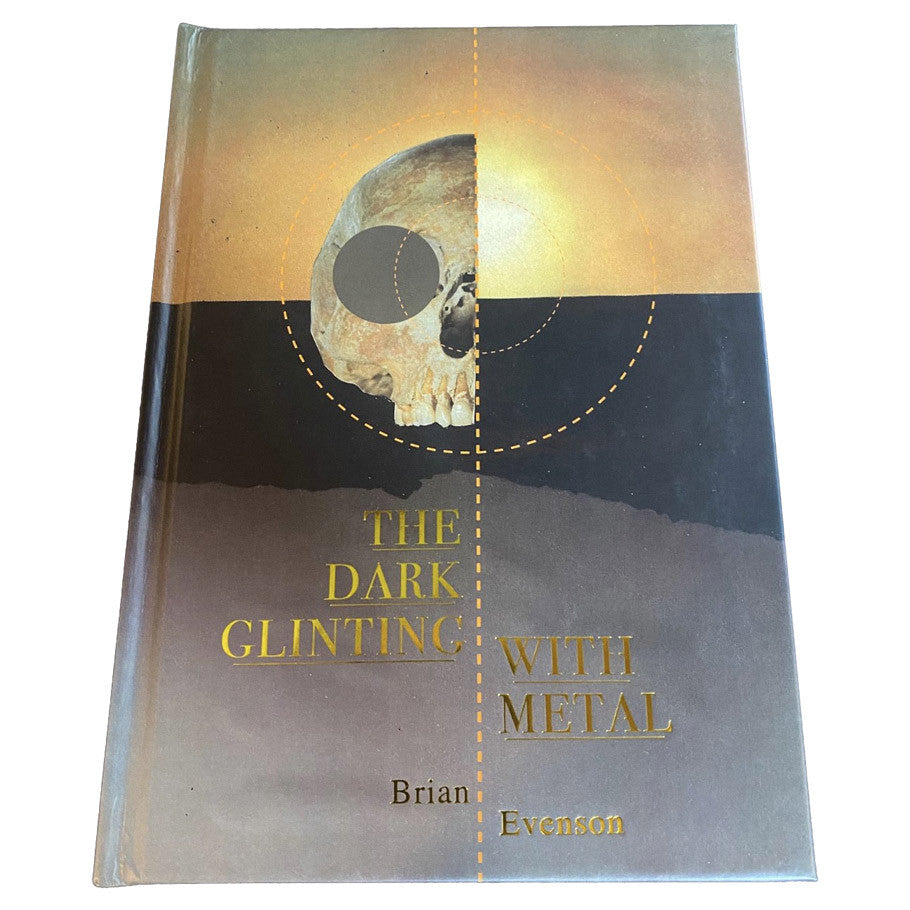 Mork Borg: The Dark Glinting with Metal (PREORDER) - Hardcover book with a half skull illustration on a gradient brown and black background, titled The Dark Glinting with Metal.