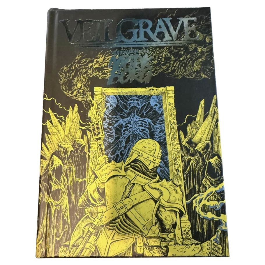 Mork Borg: Veilgrave for Mork Borg (PREORDER) - Black hardcover book with gold and blue embossed medieval warrior illustration and the title Veilgrave at the top.