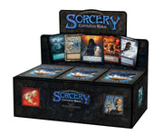 Sorcery: Contested Realm Beta Booster Box - Contested Realm" logo, featuring fantasy-themed card illustrations on front and side panels.