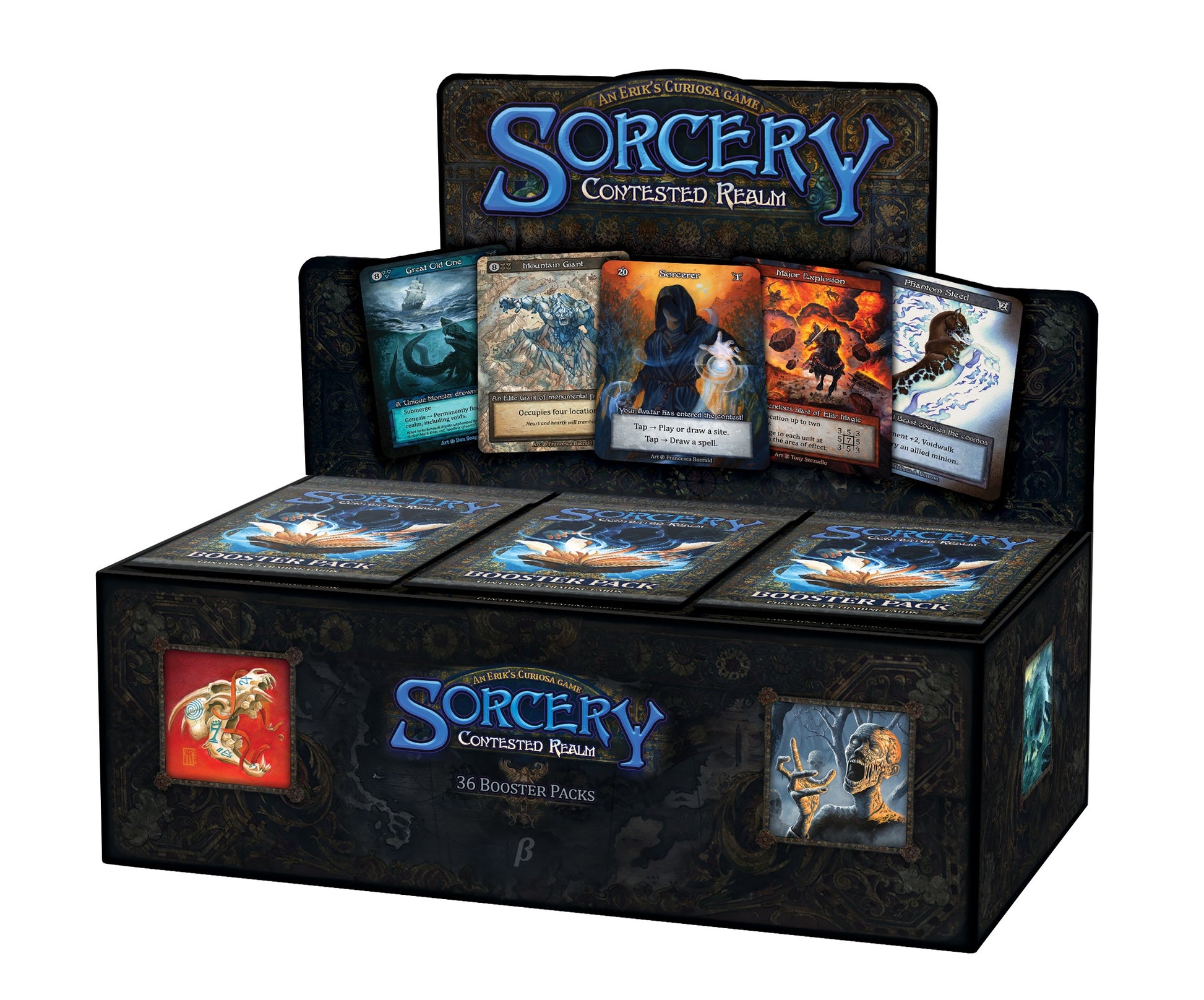 Sorcery: Contested Realm Beta Booster Box - Contested Realm" logo, featuring fantasy-themed card illustrations on front and side panels.