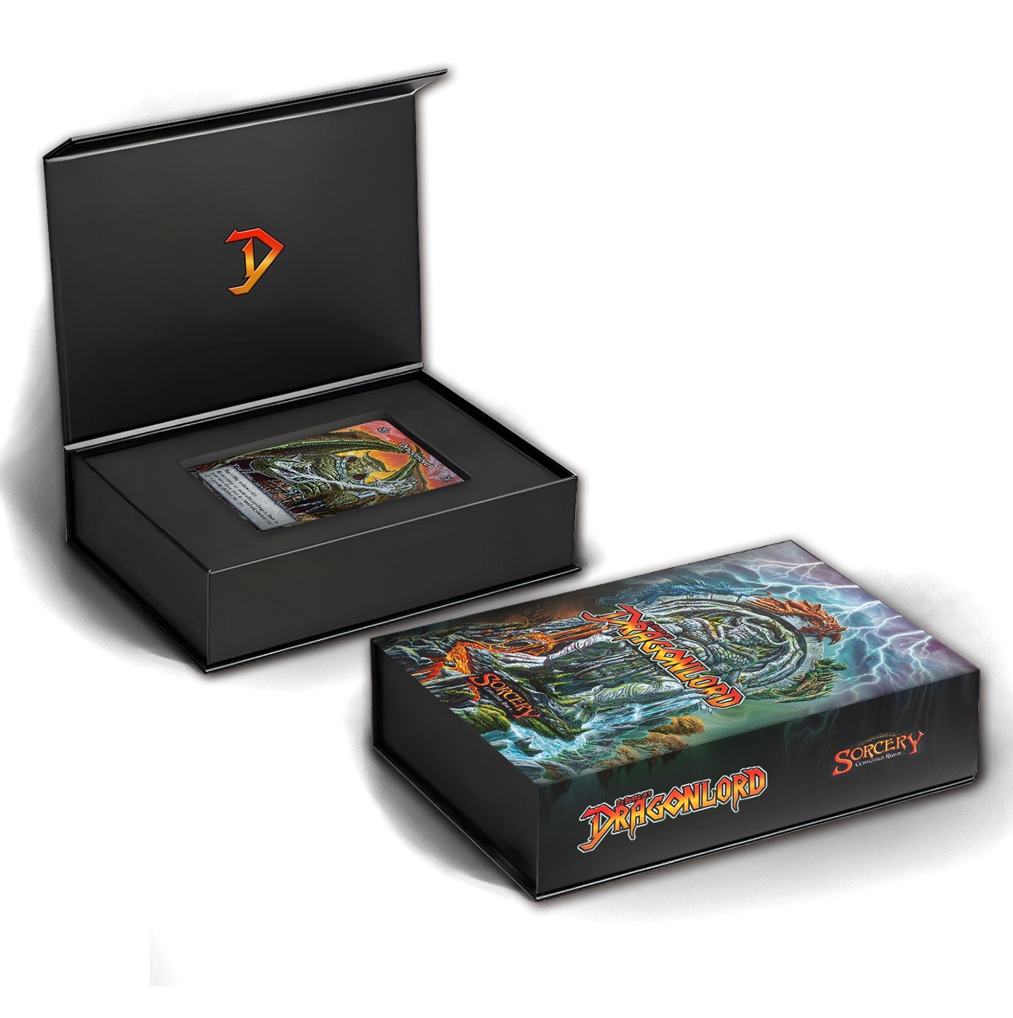 Sorcery: Contested Realm - Ed Beard Jr's Dragonlord Box - Black collector's box with vibrant fantasy dragon artwork on the lid, featuring intricate details and bold colors, opens to.